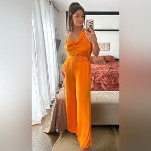 Nicholas Size 10 100% Silk Vibrant Orange Jumpsuit Pockets Belted Wide Leg